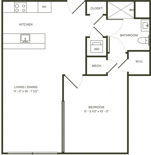 Floor plan for 1 bed, 1 bath, 741 sqft